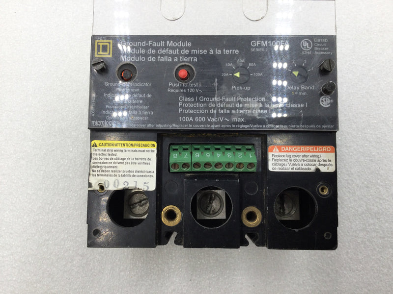 Square D GFM100FA Ground Fault Module Class 1 100 Amp 3 Pole 600 VAC with Adjustable Delay