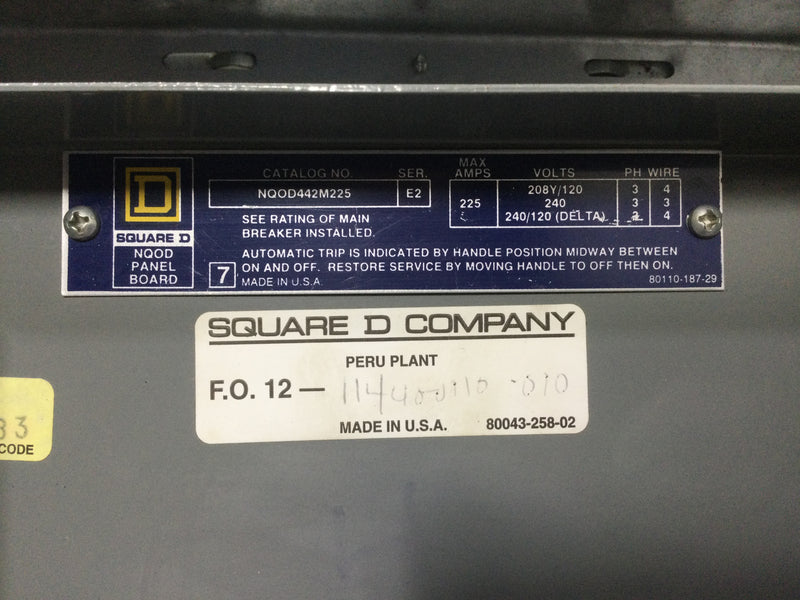 Square D NQOD442M225 Panelboard 225 Amp 3 Phase 4 Wire 42 Spaces W/Type 1 Enclosure