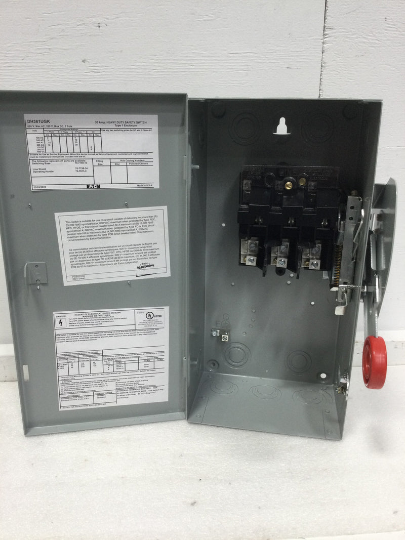 Eaton - Cutler Hammer DH361FGK Switch, Heavy Duty Safety, 3 Pole, 30A, Nema 1, Fusible - missing lower fuse block