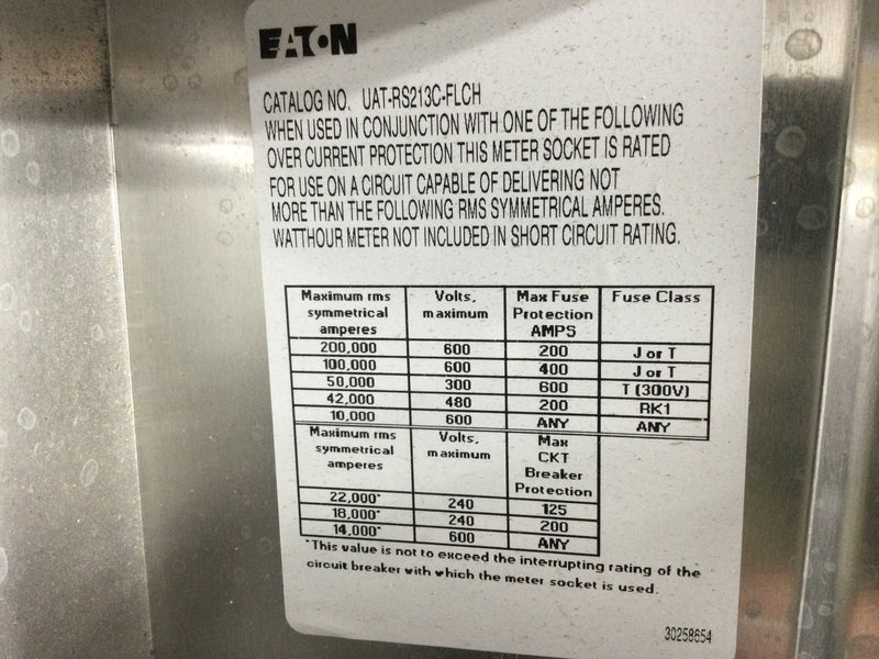 Eaton UATRS213C-FLCH Single Phase 200A Continuous 600VAC OH/UG Nema3R Meter Socket Enclosure