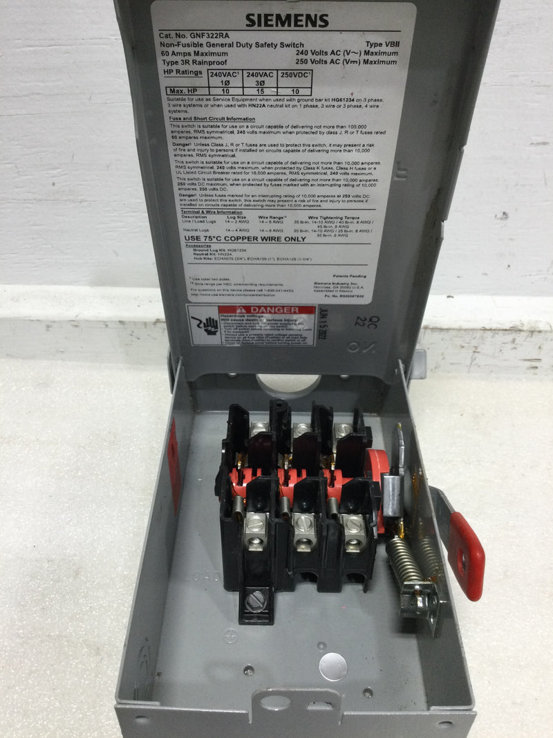 Siemens GNF322RA Type 3R General Duty Non-Fused Safety Switch 3P 3W 240V 60 Amp