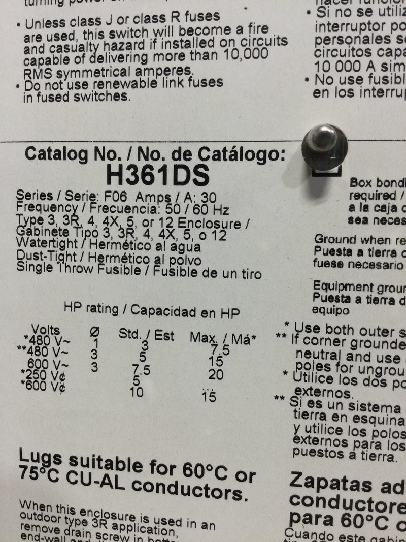 Square D H361DS 30 Amp 600v Fused Safety Switch