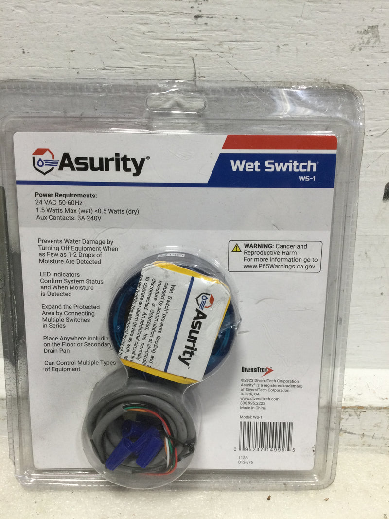 DiversiTech Asurity WS-1 Wet Switch Flood Detector 24 VAC 1.5 Watts with LED Indicators and Contacts Rated at 5 Amps