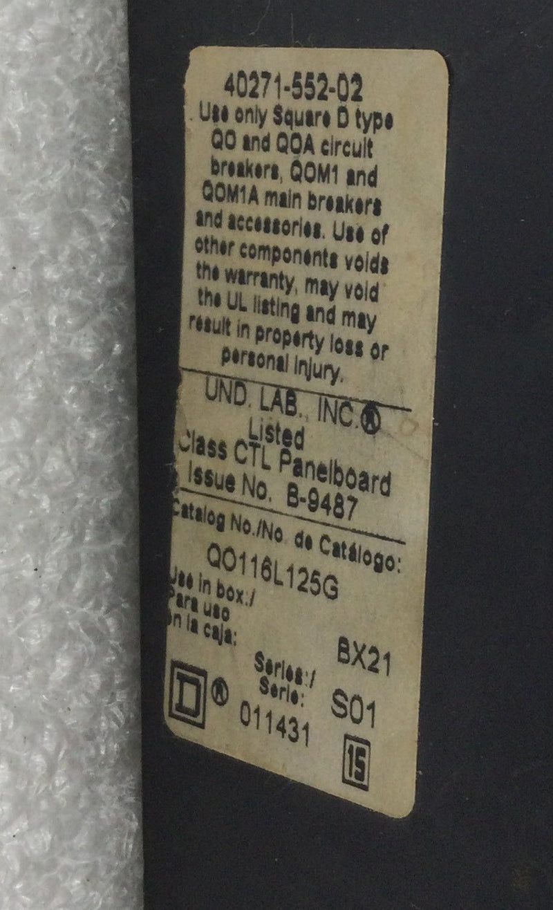 Square D QO116L125G 125 Amp 8 Space/16 Circuit 120/240 VAC Load Center Guts Only 9" X 11.5"