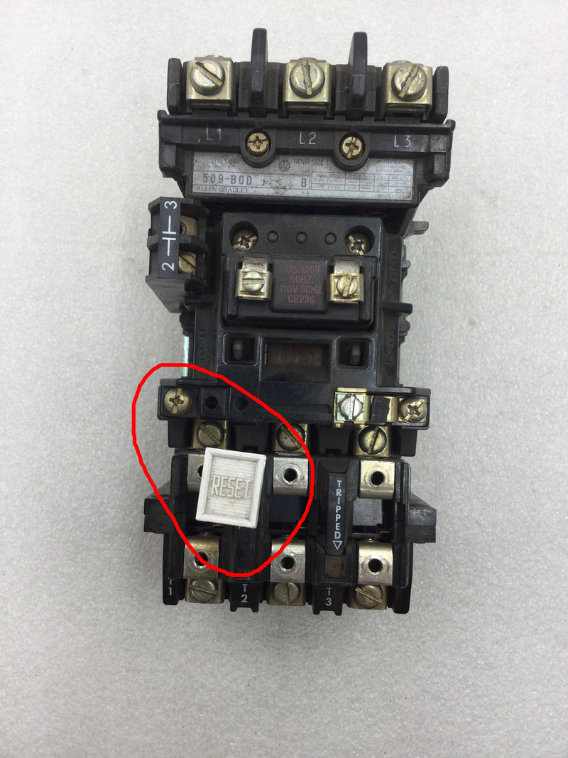 Allen-Bradley 509-BOD Starter Nema Size 1 3 Phase 27 Amp 600 VAC with Overload Relay and Auxiliary Contact Module