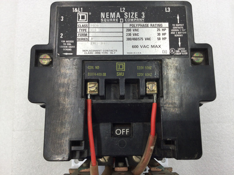 Square D 8536SEG1 Motor Starter NEMA Size 3 200-575 VAC 25-50 HP with 120 VAC Coil