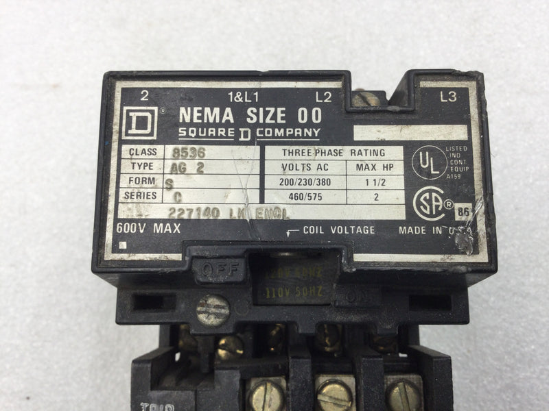 Square D 8536 AG-2 Size 00 Contactor/Starter 3 Pole 200-575 VAC 1 1/2-2 HP with 120 VAC Coil and Overload Relay