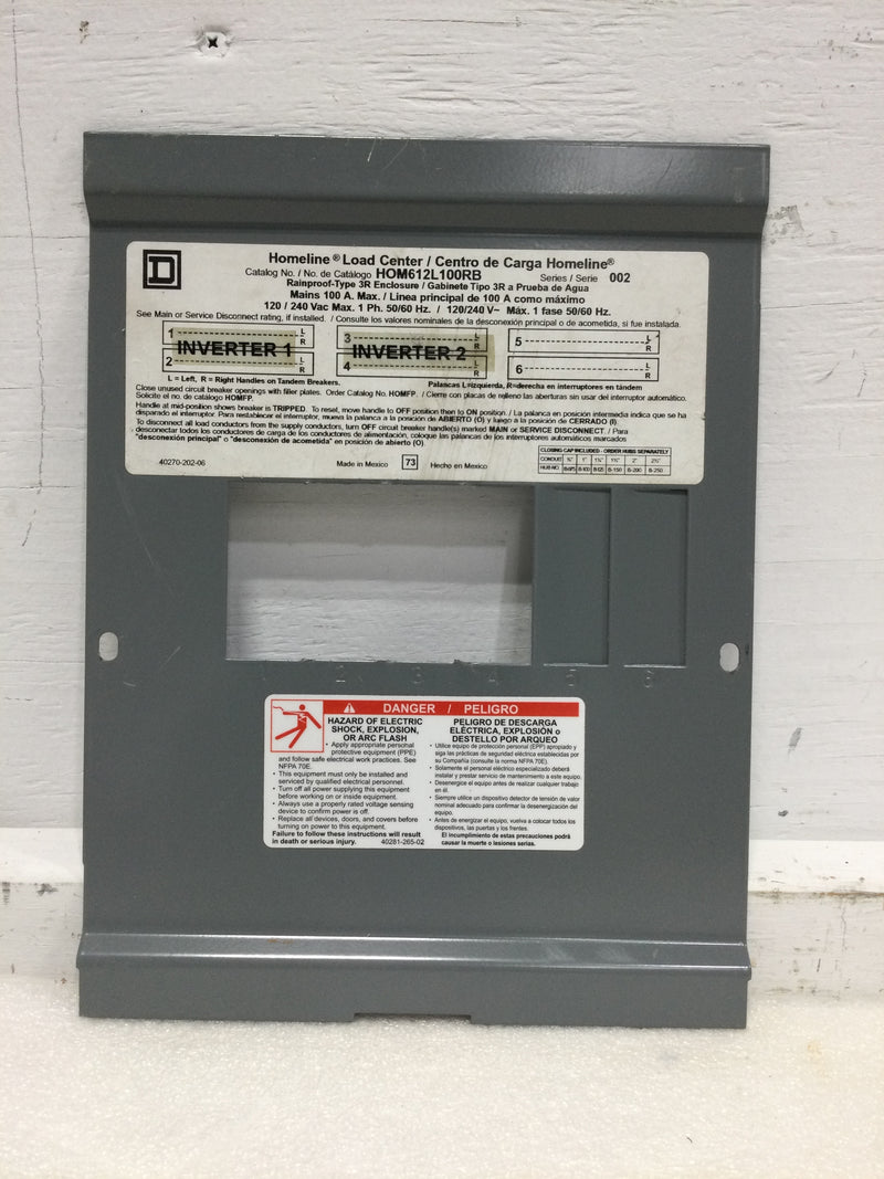 Square D Homeline HOM6-12L100RB Dead Front Only 100Amp 120/240V 6 Space 11.25" x 8 5/8"