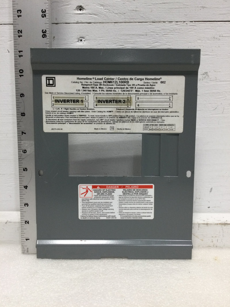 Square D Homeline HOM6-12L100RB Dead Front Only 100Amp 120/240V 6 Space 11.25" x 8 5/8"