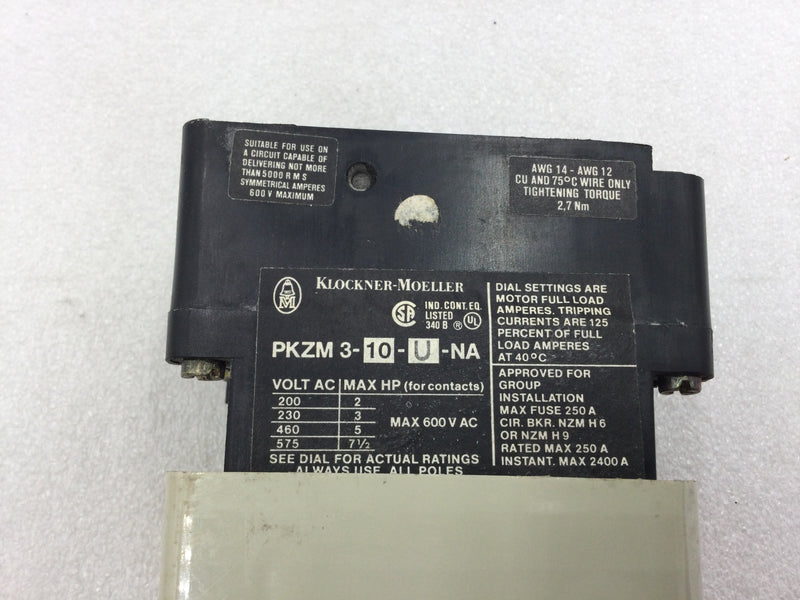 Klockner-Moeller PKZM 3-10-U-NA 3 Manual Motor Starter 10 Amp 200-575 VAC 2-7.5 HP with Start and Stop Buttons