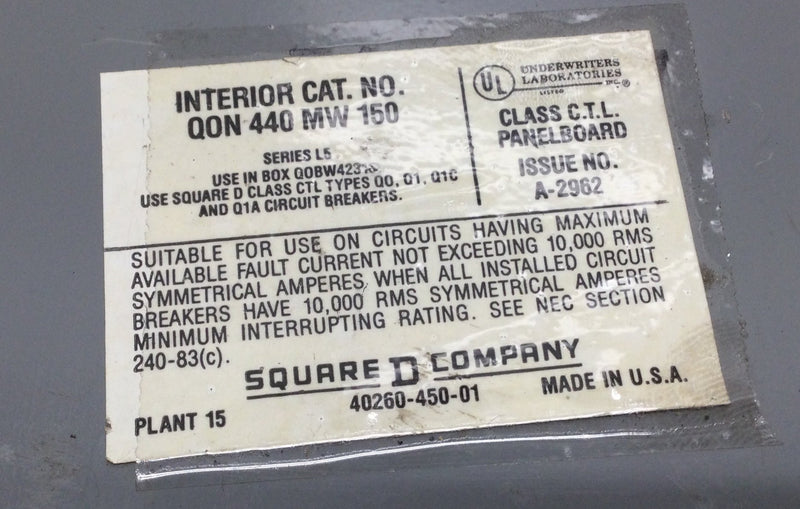 Square D QON440MW150 3 Phase 20 Space/40 Circuit 150 Amp Load Center Guts Only 6" X 29"