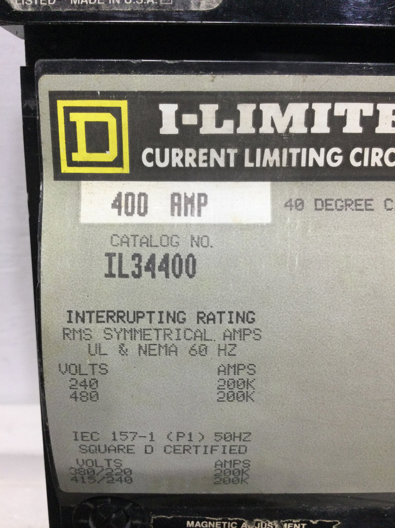 Square D IL IL34400 3 Pole 400 Amp 200k @480Vac  I Limiter Molded Case Circuit Breaker