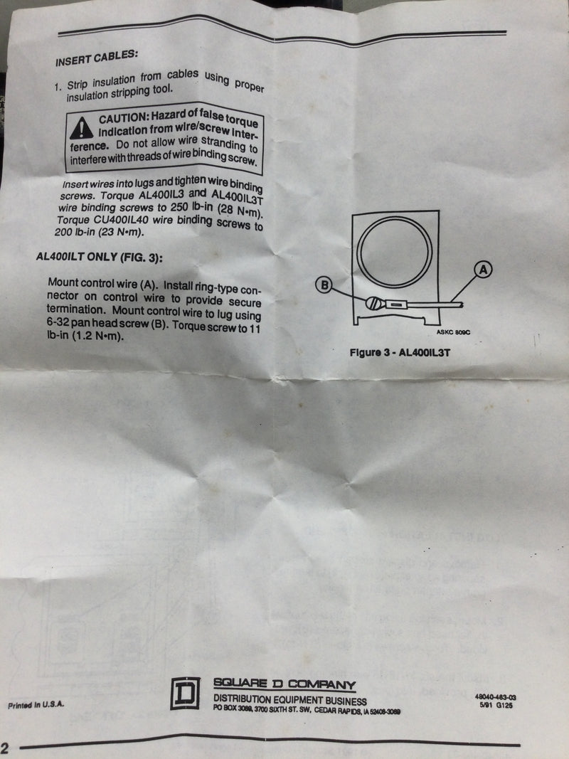 Square D IL IL34400 3 Pole 400 Amp 200k @480Vac  I Limiter Molded Case Circuit Breaker