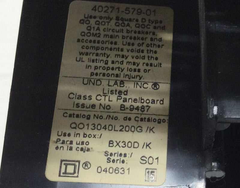 Square D QO13040L200G/K 200 Amp 15 Space/30 Circuit 120/240 VAC Convertible Main Lug Load Center Guts Only 9" X 17"