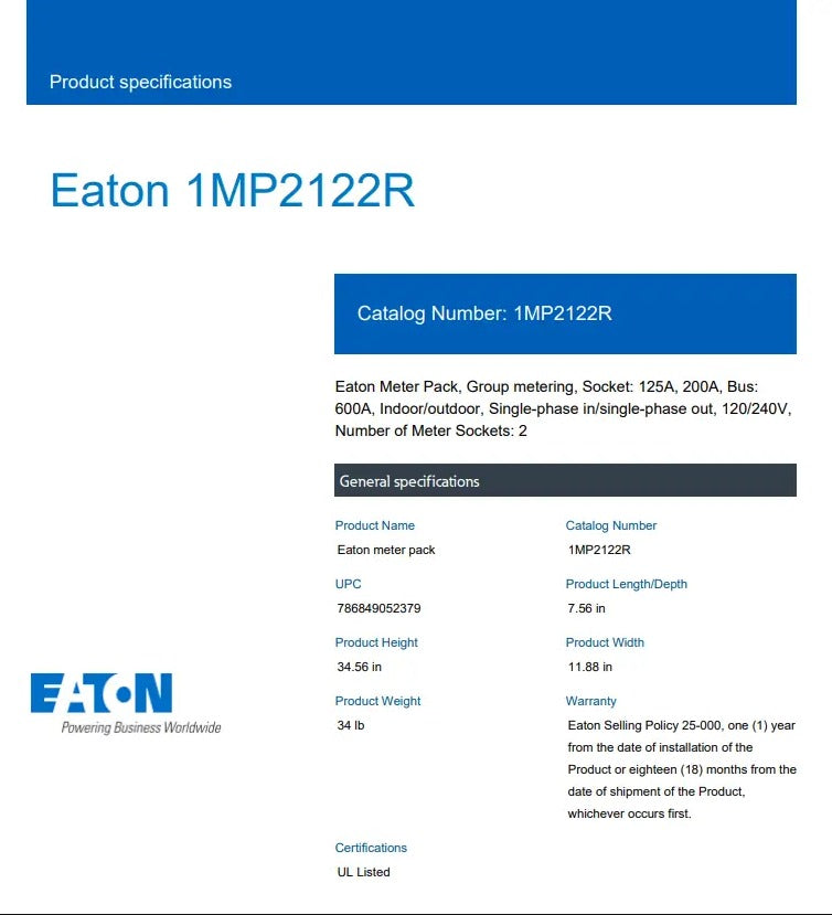 EATON 200 Amp 2-Gang Position 125A Meter Socket 1MP2122R EUSERC as WP2211 RING