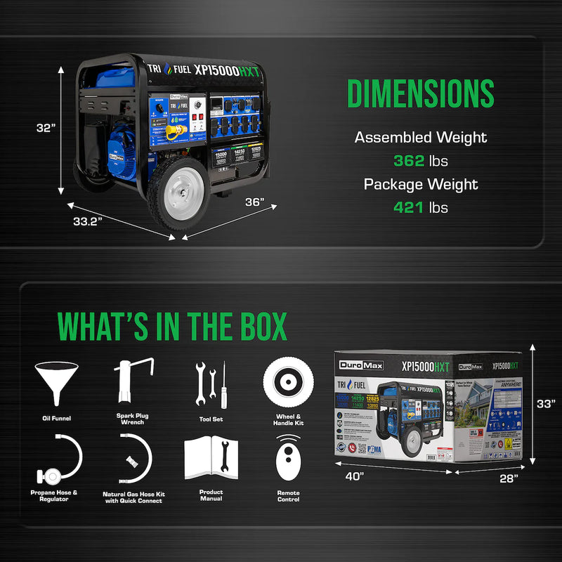 DuroMax XP15000HXT 15,000-Watt/12,000-Watt Electric Start Tri Fuel Portable Generator