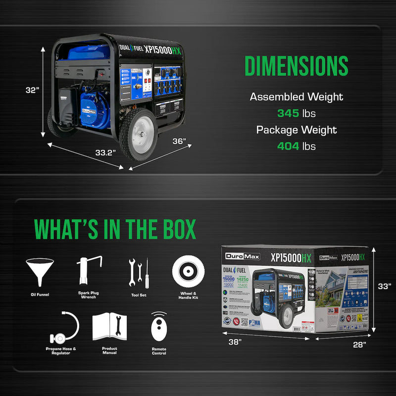 DuroMax XP15000HX 15,000-Watt/12,000-Watt Electric Start Dual Fuel Portable Generator