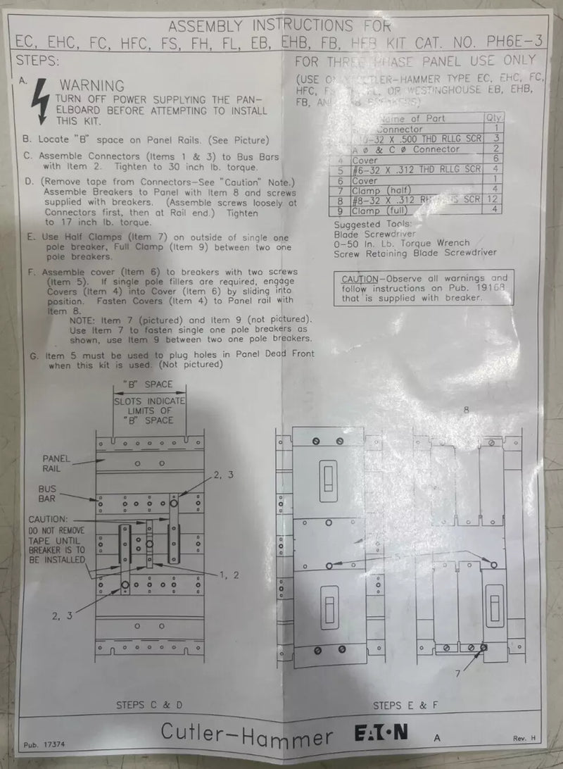 Eaton PH6E3 PH Panelboard Breaker Kit