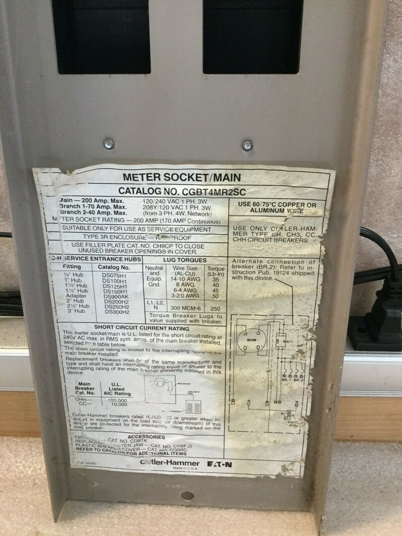 Cutler Hammer Eaton Cgbt4mr2sc Meter Socket/Main Panel 200a Type 3r Cover Only