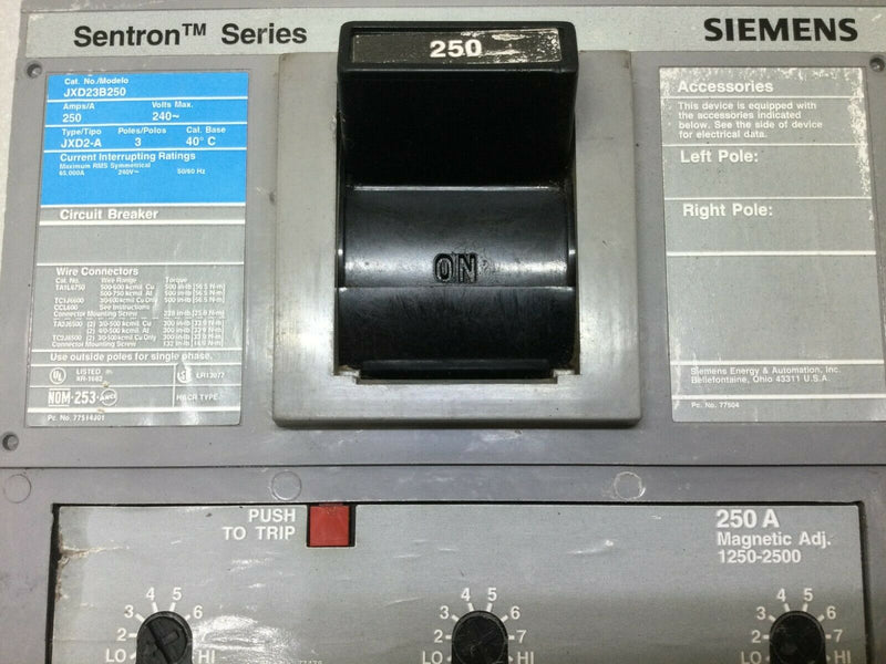 Siemens Jxd23b250 3 Pole 250 Amp 240v Sentron Series Molded Circuit Breaker