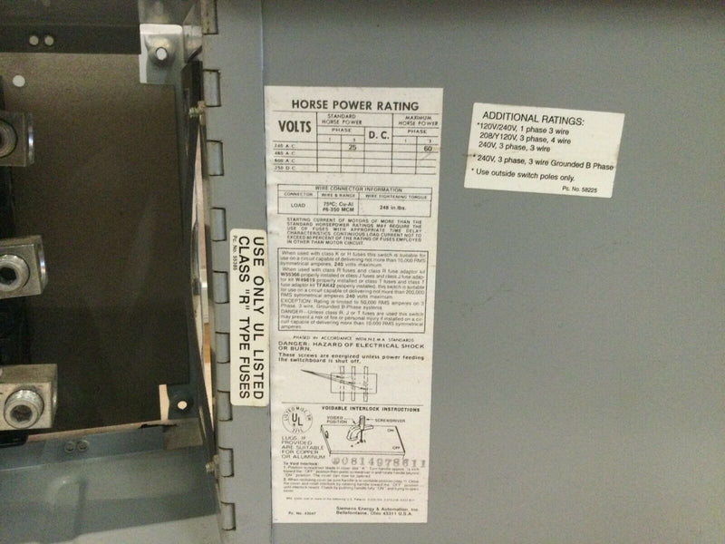 Siemens V7f3204 200 Amp Fusible Vacu-Break Panelboard Switch 240 Vac 3 Pole