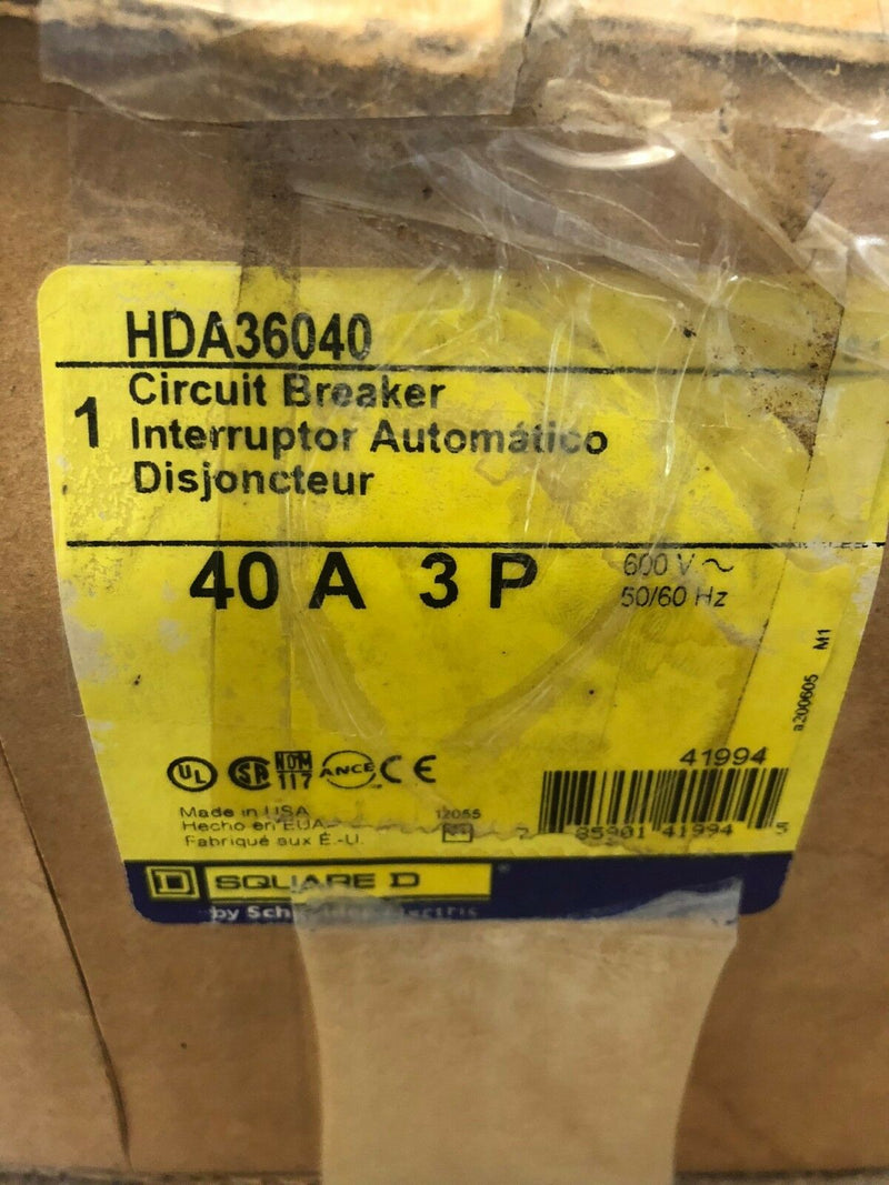 Square D HDA36040 40 Amp 3 Pole 600 Vac PowerPact Circuit Breaker