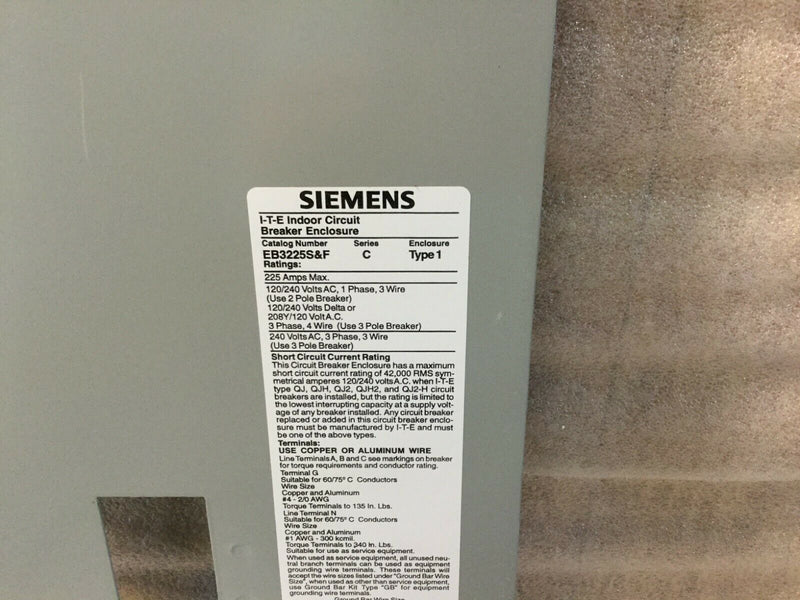 Siemens Eb3225s&F Ite Series C Load Center Enclosure Cover Only 225amp