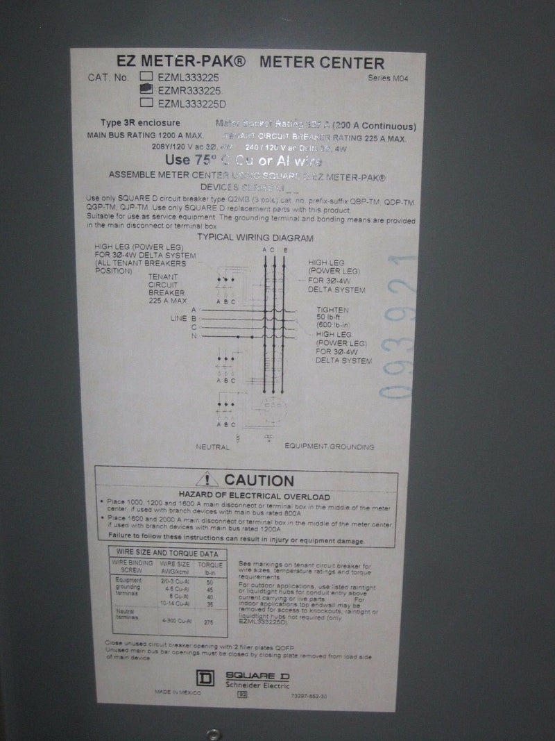 Square D Ez Meter-Pak Ezmr333225, 3 Phase  120/208 Volt " Interior Meter Socket"