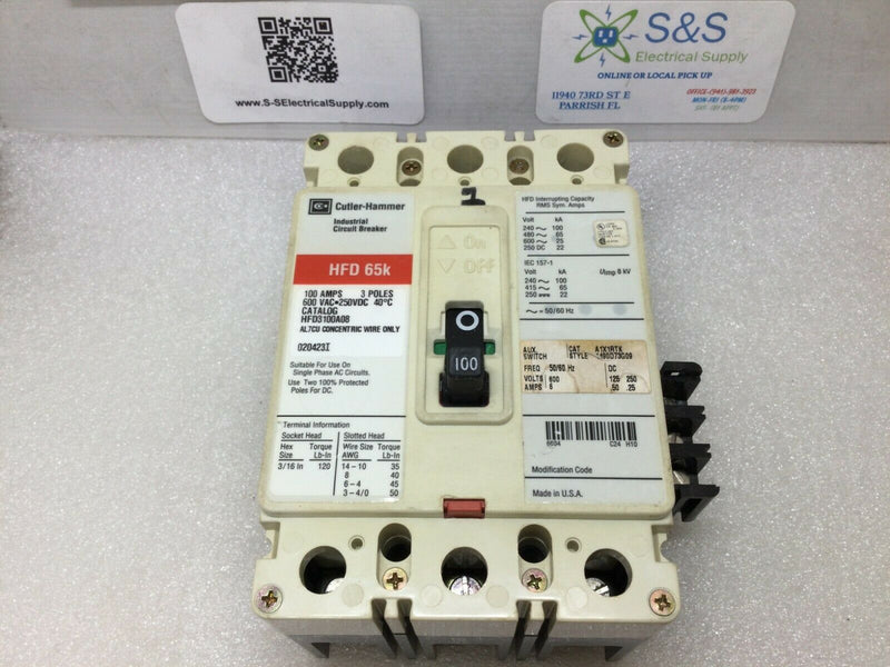 Cutler Hammer Hfd3100a08 3 Pole 100 Amp 600v 65k Circuit Breaker W/Aux Switch