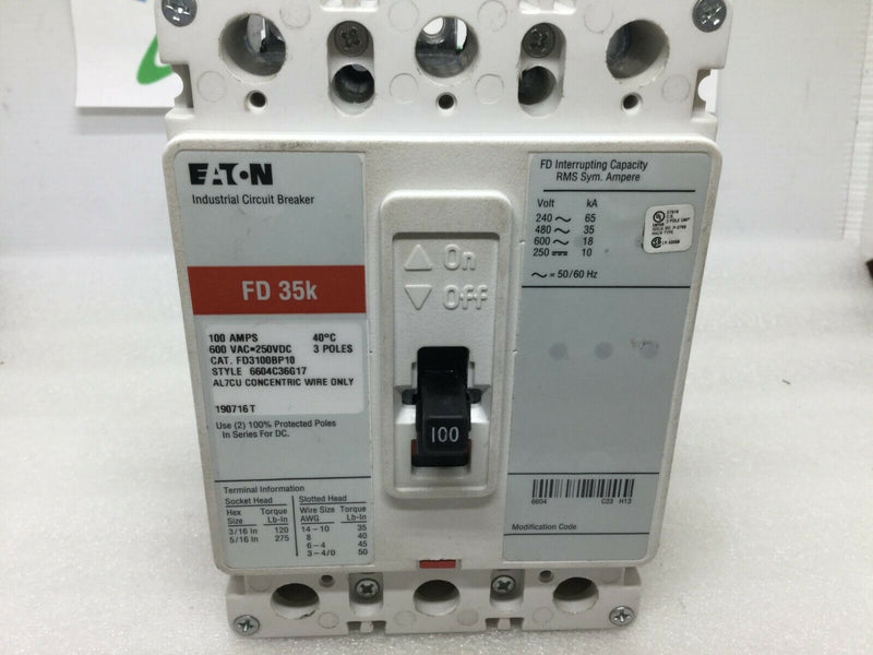 Cutler Hammer FD3100BP10 100 Amp 600v 3 Pole 35k Circuit Breaker