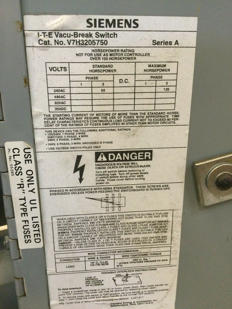 ITE Siemens V7H V7H3205750 400 Amp 600v Fusible Panelboard Switch V7H3205