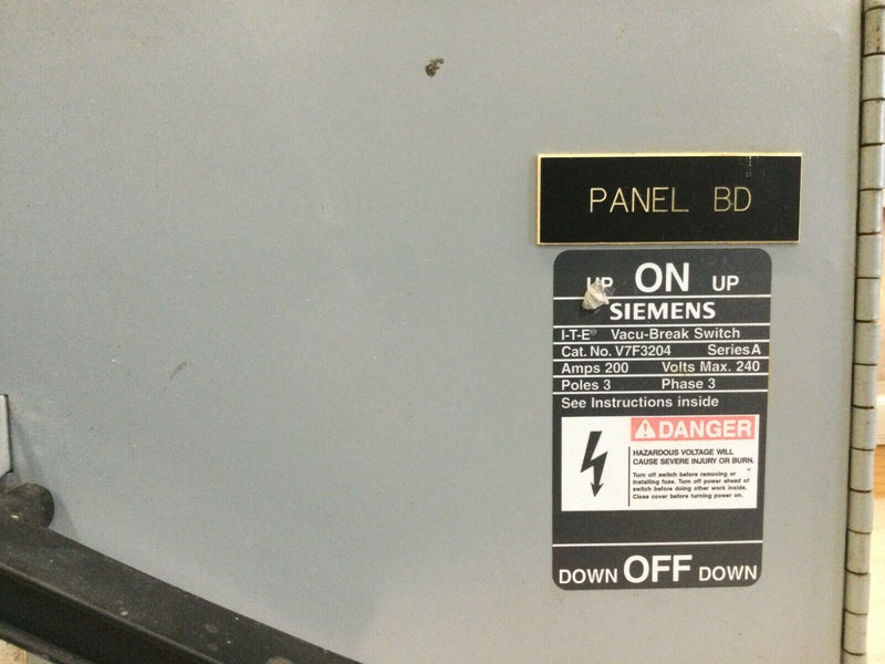 Siemens V7f3204 200 Amp Fusible Vacu-Break Panelboard Switch 240 Vac 3 Pole