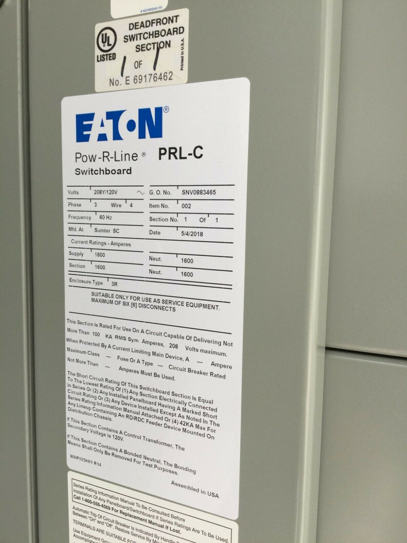 Eaton Cutler-Hammer Panel Prl-C 208/120 volt 100ka 4 Wire 1600 amp Nema3r 2- Hmdl3800f