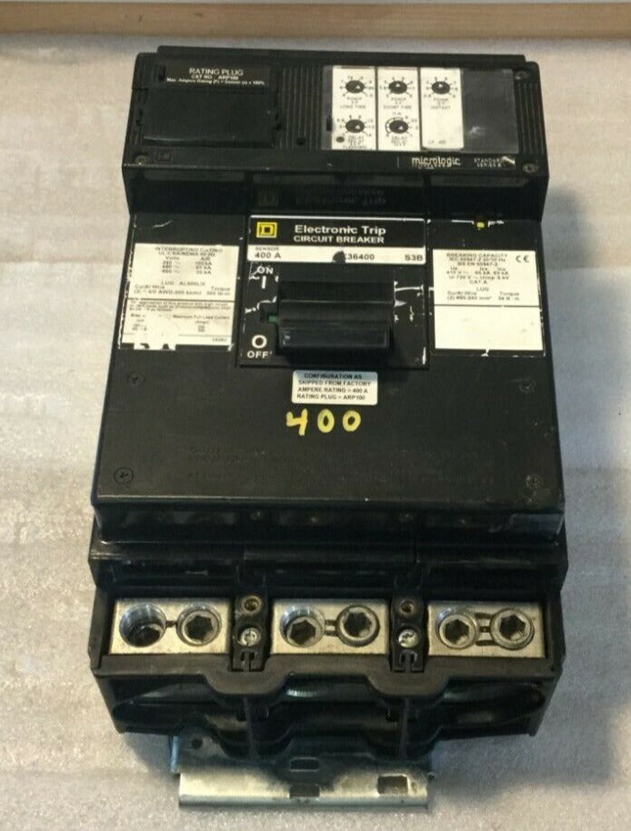 Square D LX36400 400 Amp Sensor 3 Pole 600V w/Arp100 Rating Plug Electronic Trip Circuit Breaker