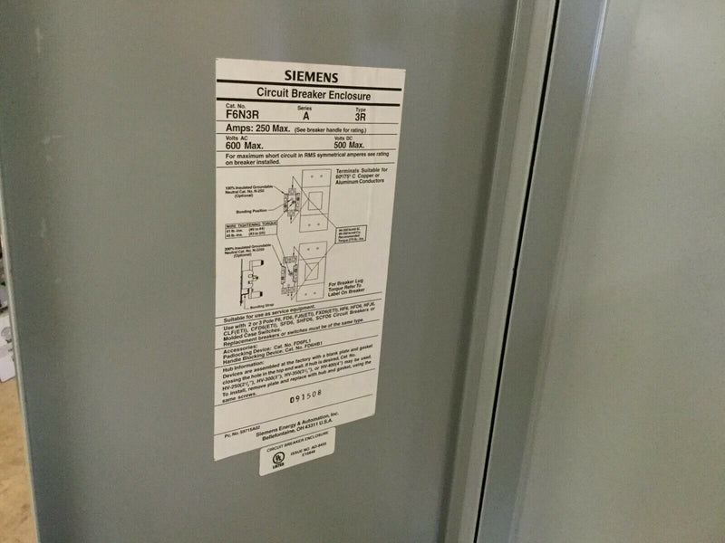 Siemens F6n3r 250 Amp Nema 3r 600vac/500vdc Circuit Breaker Disconnect Enclosure