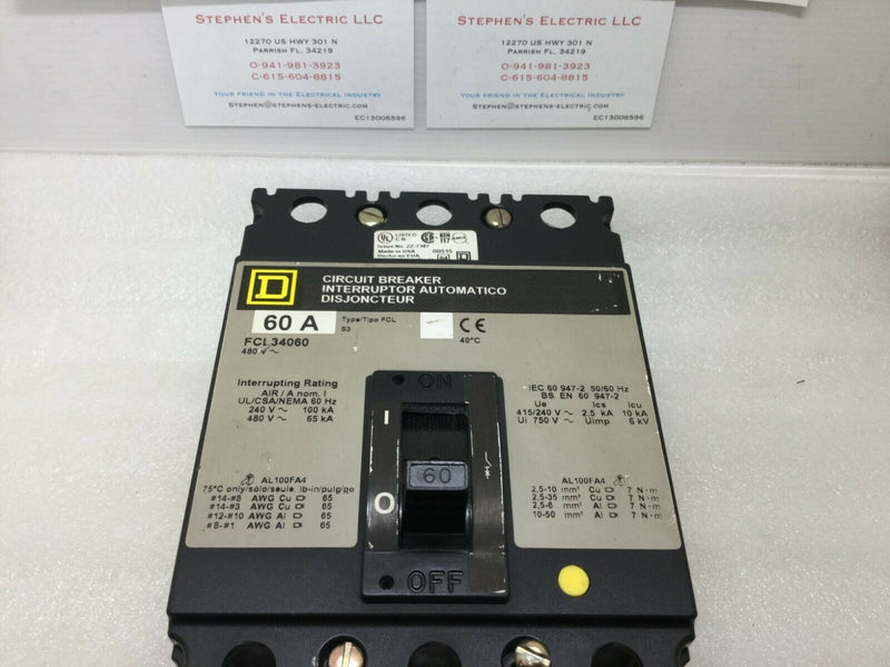 Square D Fcl 3 Pole 60 Amp 480v Fcl34060 Circuit Breaker Gray Label