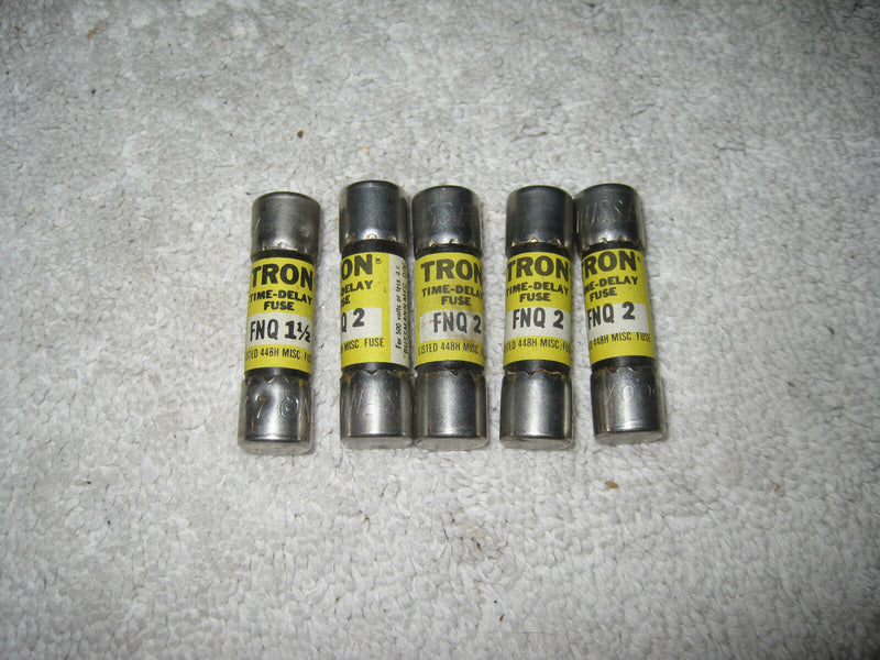 (Lot Of 5) Bussman Fnq (4- Fnq 2 & 1- Fnq 1-1/2) Tron Time Delay Fuse (Fuses)