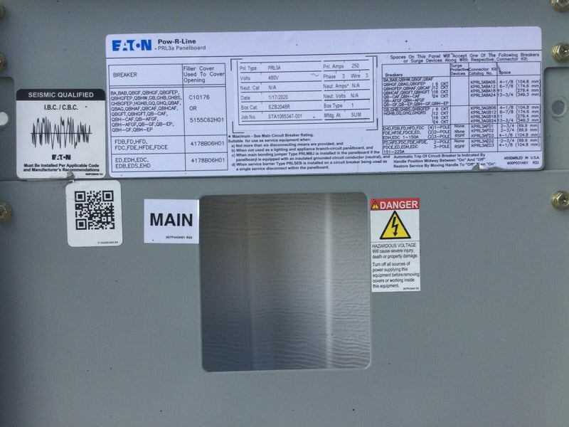 Eaton Prl3a Pow-R-Line 240/480v Panelboard 250 Amps 480 Volts 3 Ph Cover & Box