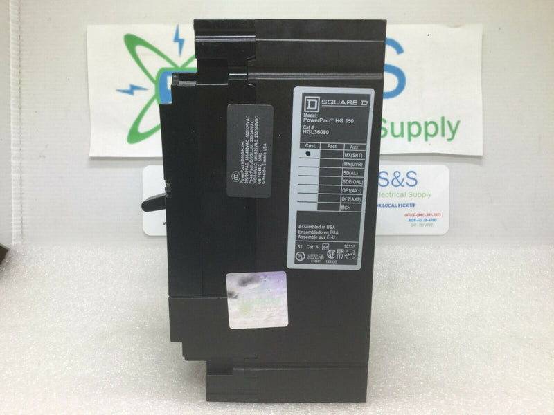 Square D Hgl36080so Circuit Breaker 3 Pole 80a 600vac/250vdc With 24v Shunt Trip