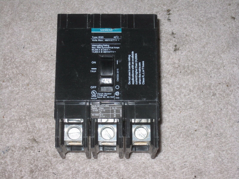 Siemens Bqd Bqd345 45 Amp 3 Pole 480y/277 Vac Circuit Breaker 45a 3p 480v