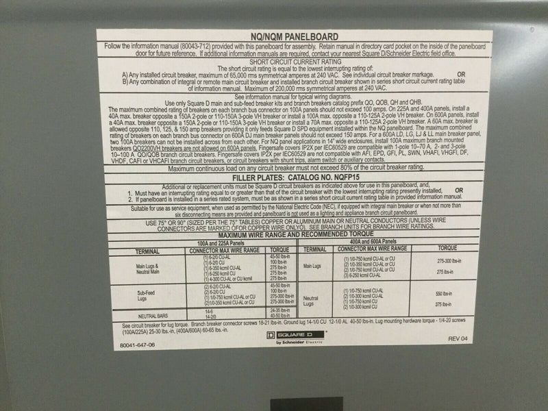 Square D NQRPLMB2Q Main Breaker Dead Front 225 Amp