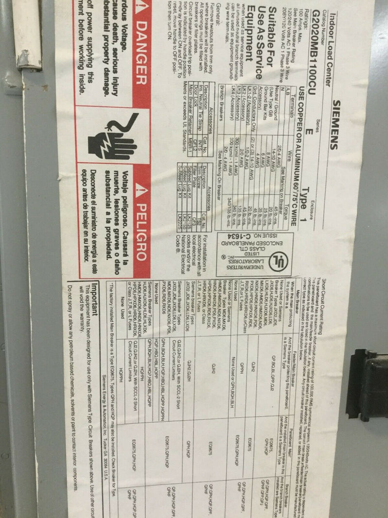 Siemens G2020mb1100cu Indoor Load Center Cover Only 100a 120/240v