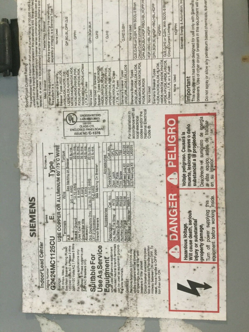 Siemens G2424mc1125cu Indoor Load Center Panel Cover 125 Amp