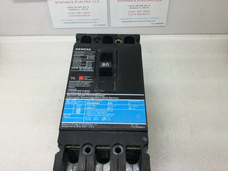 Siemens Ed4 Ed43b080 3 Pole 80 Amp 480v Circuit Breaker Black/Blue