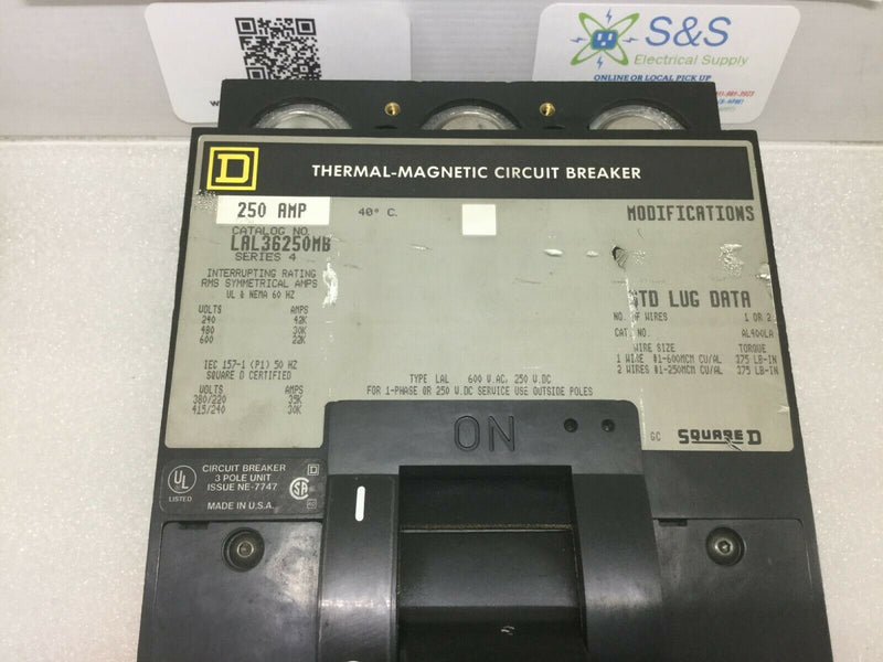 Square D LAL36250MB 3 Pole 250 Amp 600v Type LAL/MB Series 4 Circuit Breaker