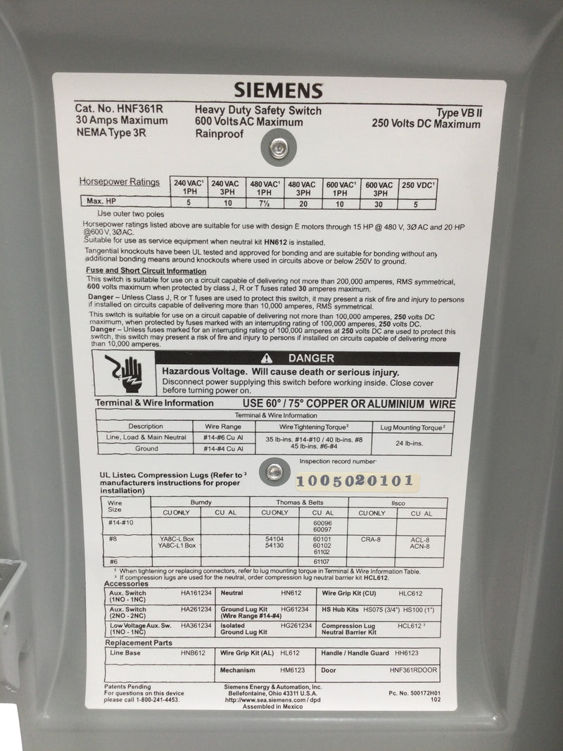 Siemens HNF361R 30 Amp 3 Pole 600V Non-Fused Heavy Duty Safety Switch