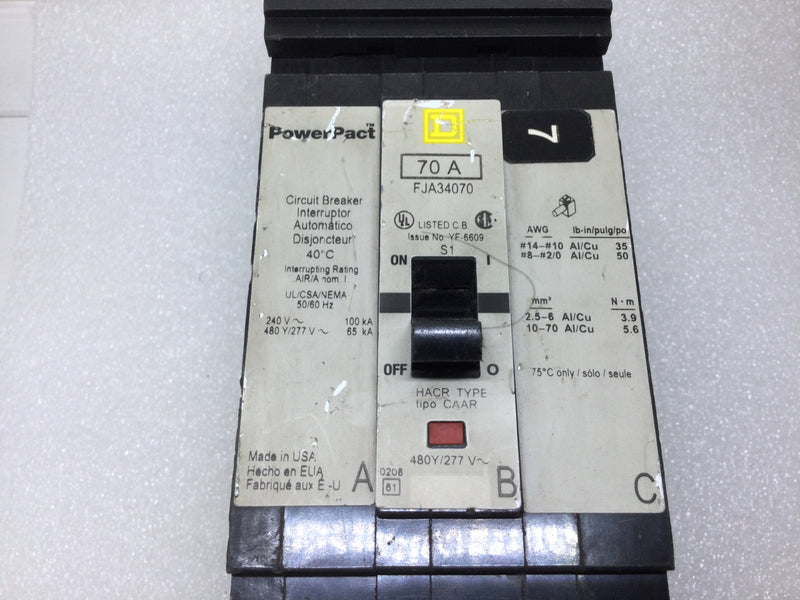 Square D PowerPact FJA34070 3 Pole 70 Amp 480Y/277V Type FJA I Line Circuit Breaker