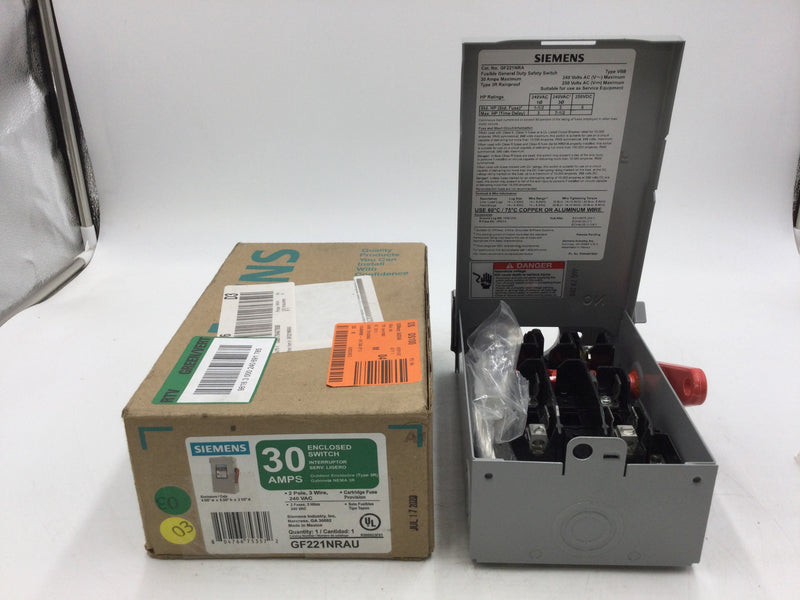 Siemens GF221NRA Fusible General Duty Safety Switch 30 Amp Type 3R 240V