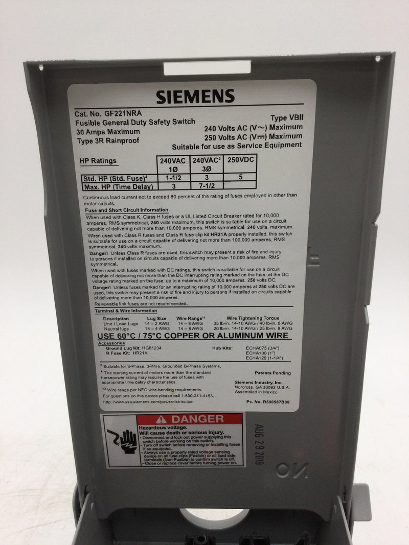 Siemens GF221NRA Fusible General Duty Safety Switch 30 Amp Type 3R 240V