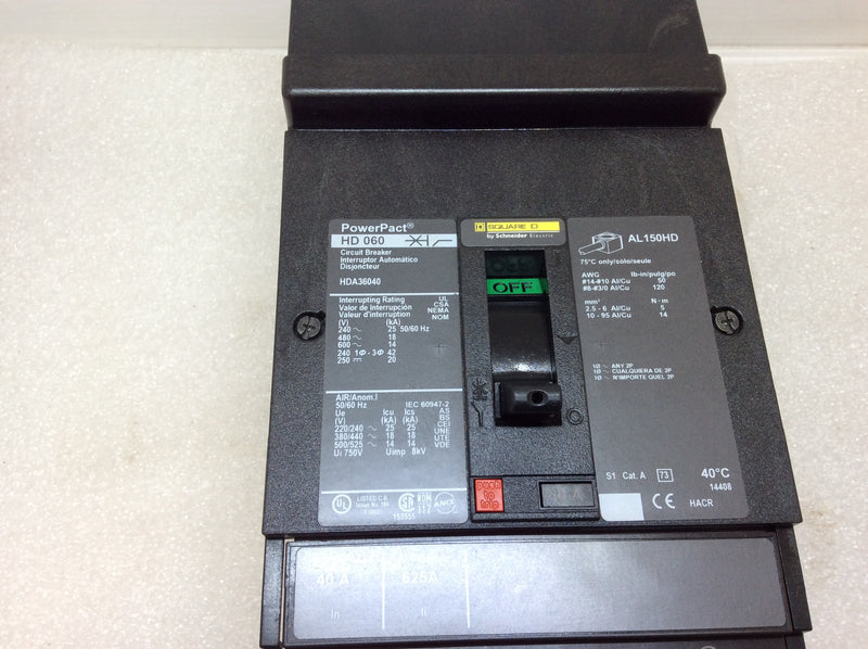 Square D HDA36040 40 Amp 3 Pole 600 Vac PowerPact Circuit Breaker